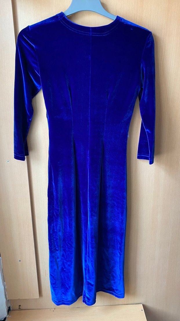 Mavi Uzun Kollu Kadife  Abiye Elbise - Görsel 2