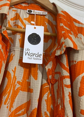 Düğmeli Turuncu Desenli Bol Kesim Keten Gömlek - Görsel 2