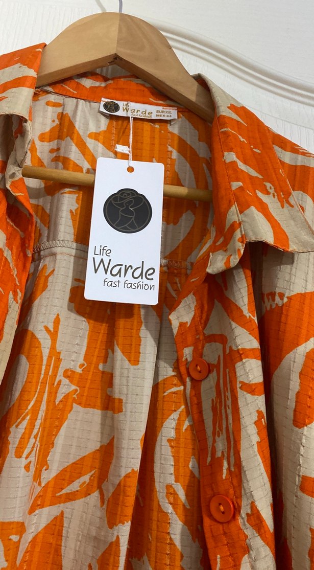 Düğmeli Turuncu Desenli Bol Kesim Keten Gömlek - Görsel 2