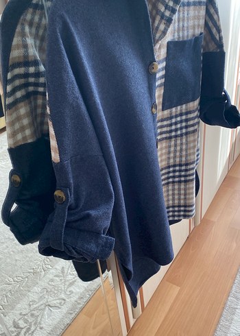 Düğmeli Mavi Gri Ekose Kadın Gömlek - Görsel 5