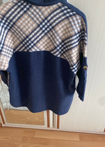 Düğmeli Mavi Gri Ekose Kadın Gömlek - Görsel 3