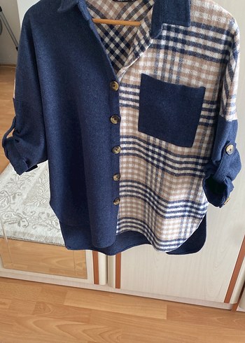 Düğmeli Mavi Gri Ekose Kadın Gömlek - Görsel 4