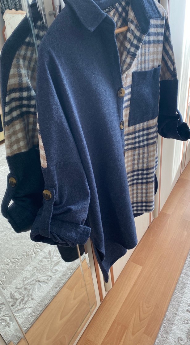 Düğmeli Mavi Gri Ekose Kadın Gömlek - Görsel 5