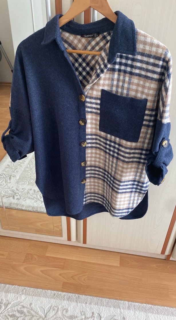 Düğmeli Mavi Gri Ekose Kadın Gömlek - Görsel 4