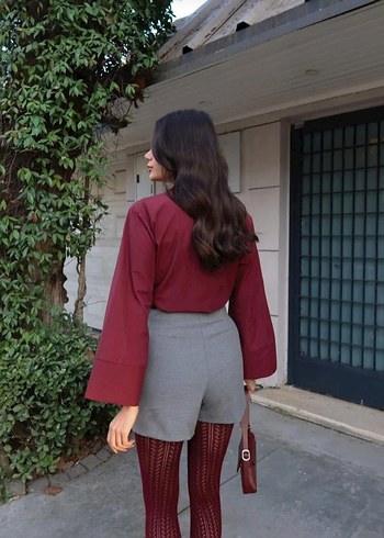 Bordo Kuşaklı Uzun Kollu Ofis Bluzu - Görsel 4