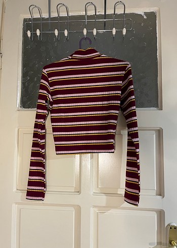 Bordo Çizgili Kadın Boğazlı Triko Kazak - Görsel 2