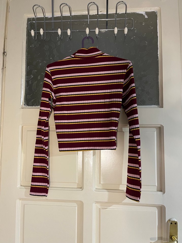 Bordo Çizgili Kadın Boğazlı Triko Kazak - Görsel 2