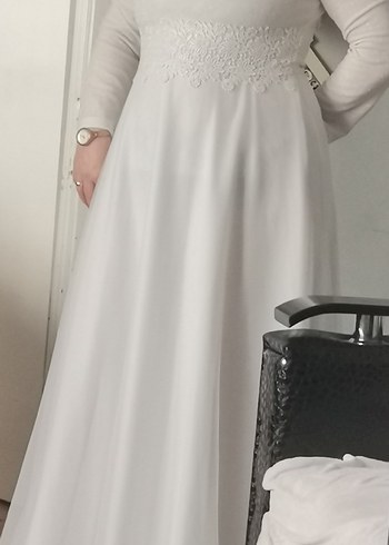 Uzun Kollu Yüksek Yakalı A Kesim Beyaz  elbise - Görsel 2