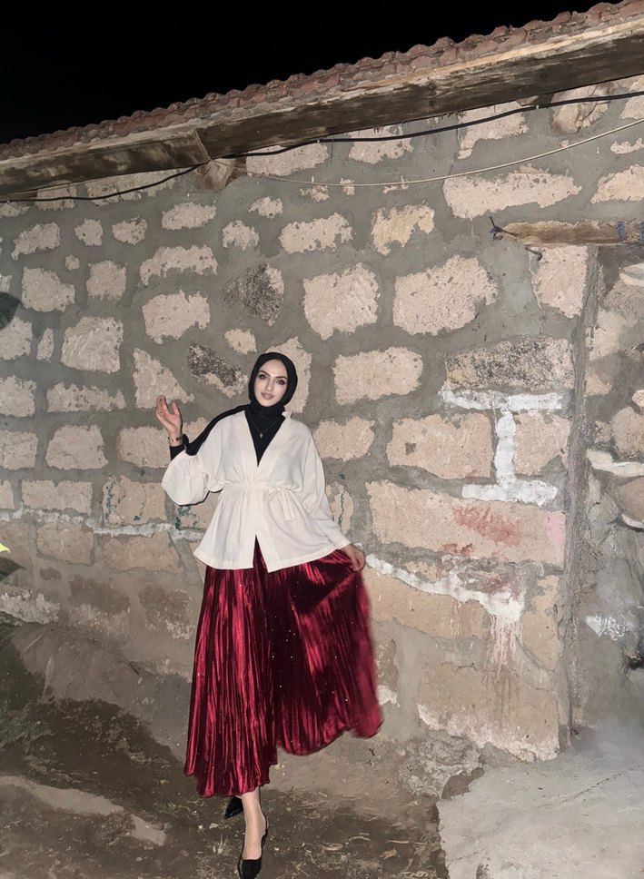 Bohem Tarz Kırmızı Piliseli Uzun Etek - Görsel 2