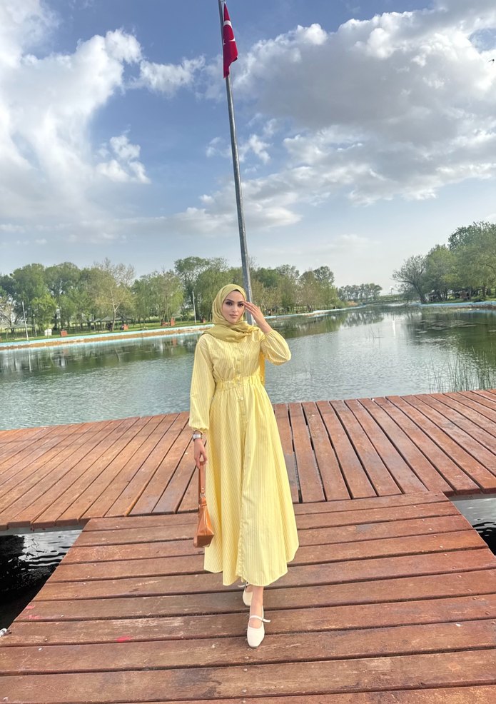 Sarı Uzun Salaş Kadın Elbise - Görsel 3