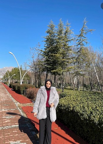 Gri Kadın Suni Kürk Midi Mont - Görsel 3