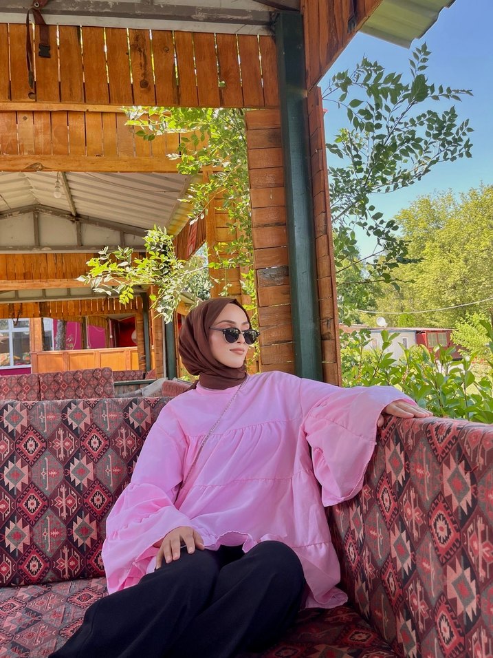 Pembe Bağlama Desenli Uzun Kollu Bohem Tunik - Görsel 3