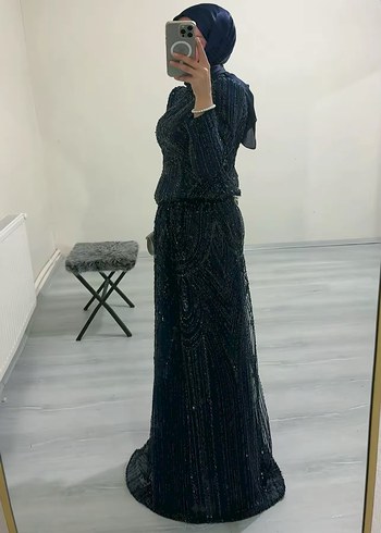 Boncuk İşlemeli Lacivert Uzun Abiye Elbise kiralık - Görsel 2