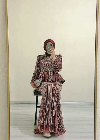 İnci İşlemeli Bordo Uzun Abiye Elbise kiralık - Görsel 4