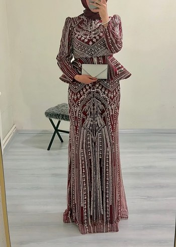 İnci İşlemeli Bordo Uzun Abiye Elbise kiralık - Görsel 3