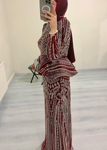 İnci İşlemeli Bordo Uzun Abiye Elbise kiralık - Görsel 2
