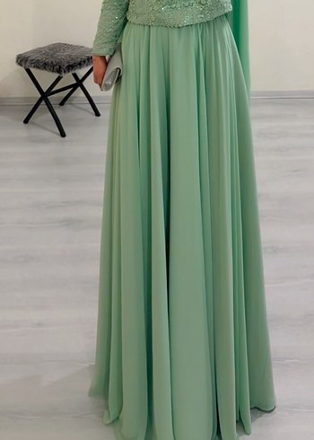 İşlemeli Uzun Turkuaz Abiye Elbise kiralık - Görsel 8