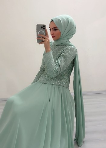 İşlemeli Uzun Turkuaz Abiye Elbise kiralık - Görsel 2