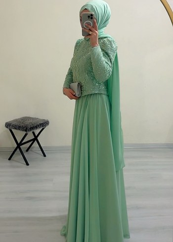 İşlemeli Uzun Turkuaz Abiye Elbise kiralık - Görsel 6