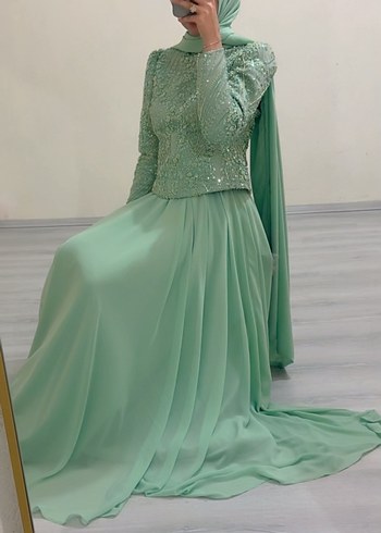 İşlemeli Uzun Turkuaz Abiye Elbise kiralık - Görsel 3