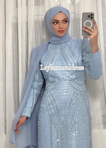 Mavi İşlemeli Uzun Kollu Abiye Elbise - Görsel 2