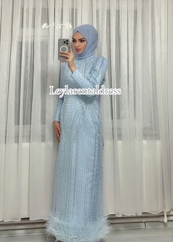 Mavi İşlemeli Uzun Kollu Abiye Elbise - Görsel 4