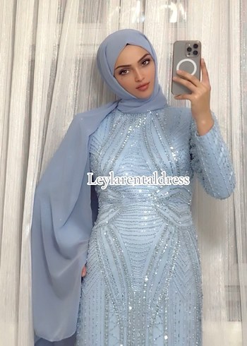 Mavi İşlemeli Uzun Kollu Abiye Elbise - Görsel 3