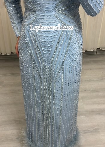 Mavi İşlemeli Uzun Kollu Abiye Elbise - Görsel 6