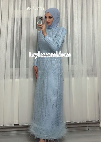 Mavi İşlemeli Uzun Kollu Abiye Elbise - Görsel 8