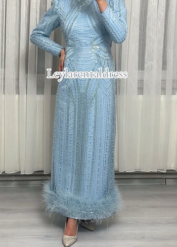 Mavi İşlemeli Uzun Kollu Abiye Elbise - Görsel 5