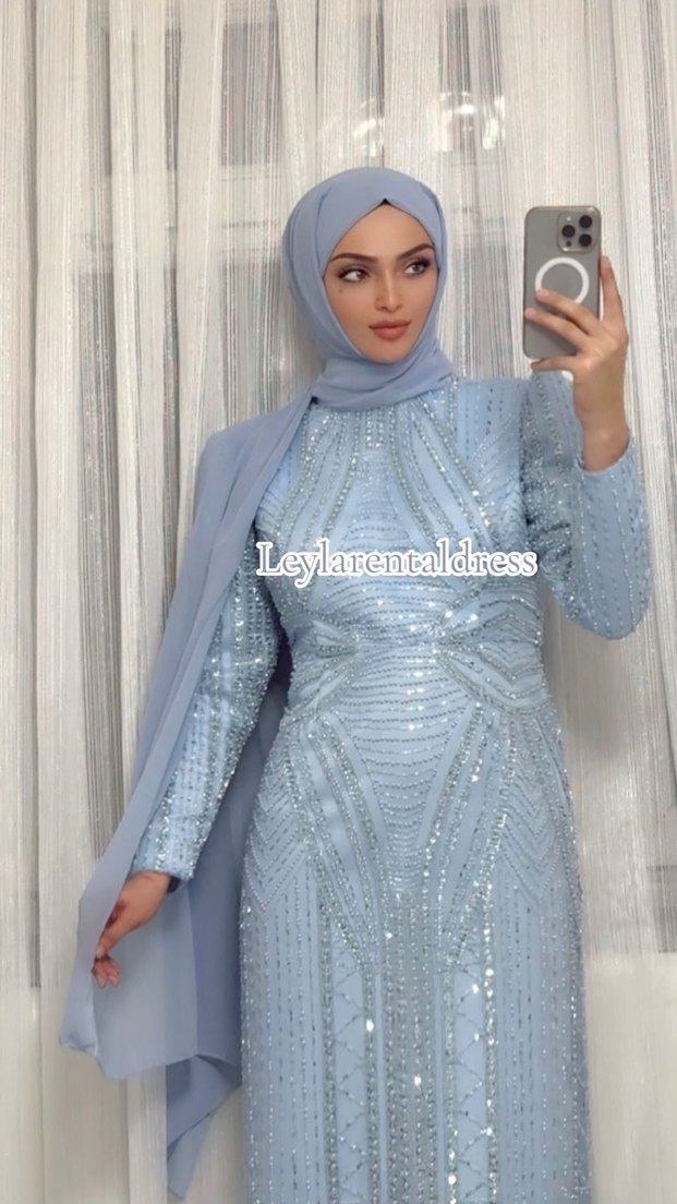 Mavi İşlemeli Uzun Kollu Abiye Elbise - Görsel 2