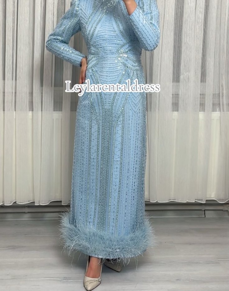 Mavi İşlemeli Uzun Kollu Abiye Elbise - Görsel 5