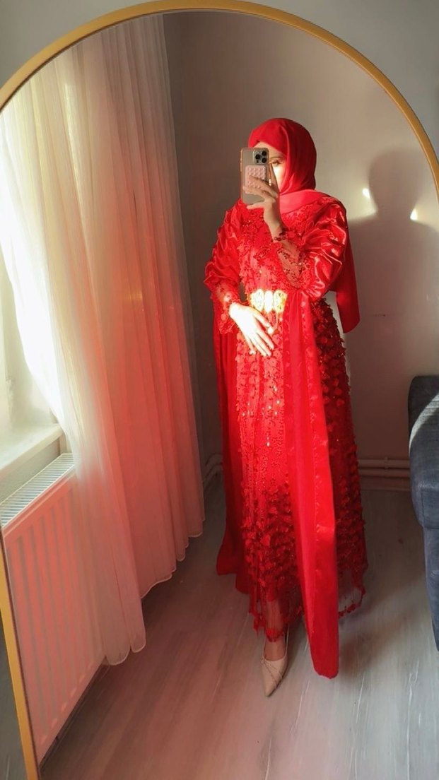 Uzun Kollu Kırmızı Bohem Tesettür Bindallı - Görsel 3