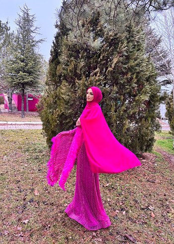 Pembe Drapeli Uzun Tesettür Abiye Elbise - Görsel 4