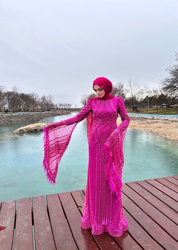 Pembe Drapeli Uzun Tesettür Abiye Elbise - Görsel 3