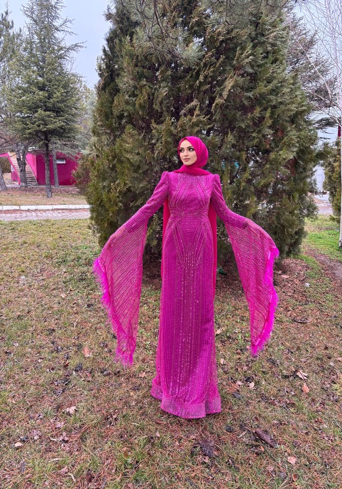 Pembe Drapeli Uzun Tesettür Abiye Elbise - Görsel 2