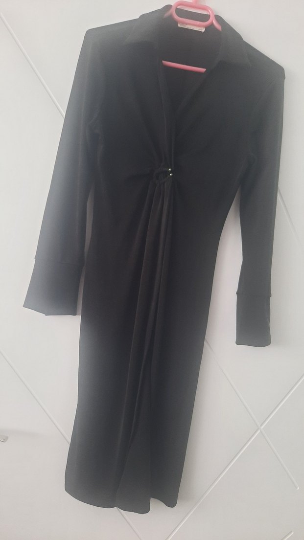 Siyah V Yaka Uzun Kollu Kadın Elbise - Görsel 3