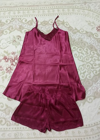 Bordo Parlak Saten Mini Kadın Pijama Takımı - Görsel 2