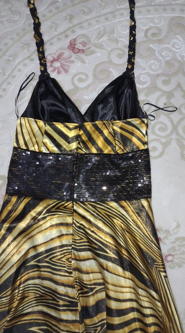 Parlak Altın Desenli Uzun Bohem Elbise - Görsel 5