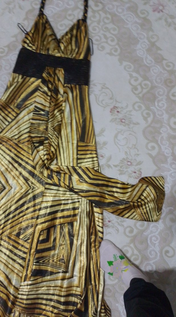 Parlak Altın Desenli Uzun Bohem Elbise - Görsel 3