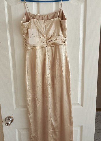 Bej Drapeli Uzun Askılı Kadın Elbise - Görsel 2