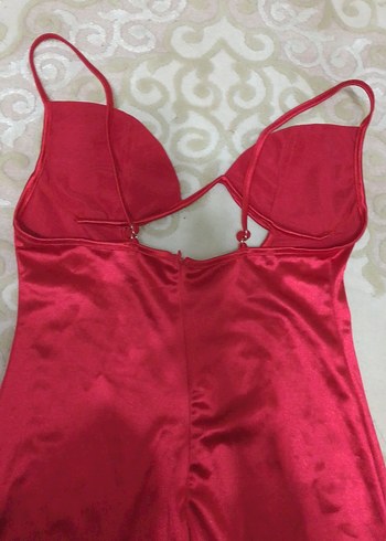 Kırmızı Saten Midi Drapeli Abiye Elbise - Görsel 3