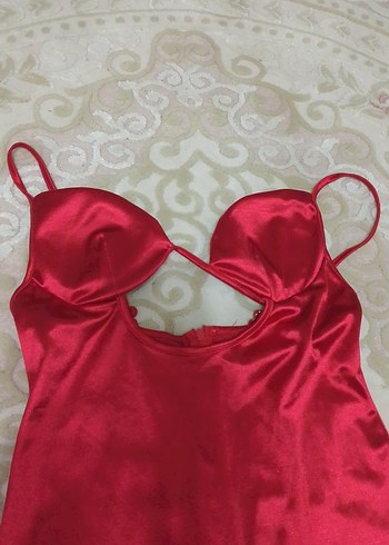 Kırmızı Saten Midi Drapeli Abiye Elbise - Görsel 4