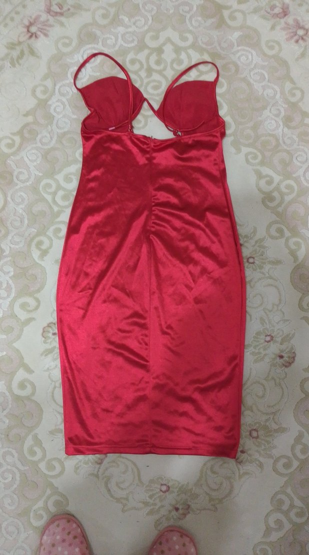 Kırmızı Saten Midi Drapeli Abiye Elbise - Görsel 2