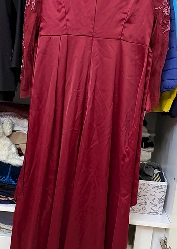 Bordo İşlemeli Uzun Kollu Abiye Elbise - Görsel 2