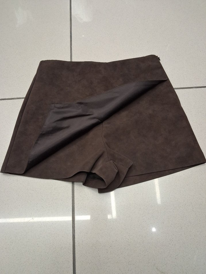 Kahverengi Süet Mini Şort Etek - Görsel 2