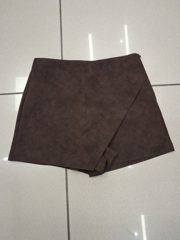Kahverengi Süet Mini Şort Etek - Görsel 3