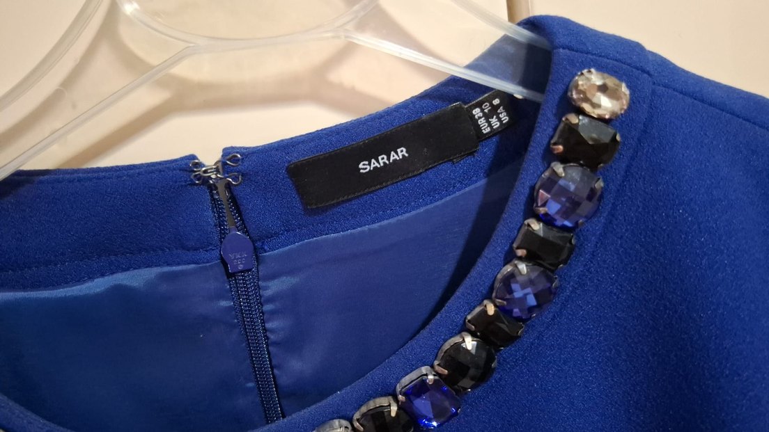 Zincir Detaylı Uzun Kollu Mavi Abiye Elbise - Görsel 3