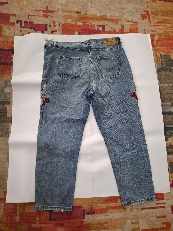 Nakışlı Düğmeli Gri Mavi Kadın Kot Pantolon - Görsel 2