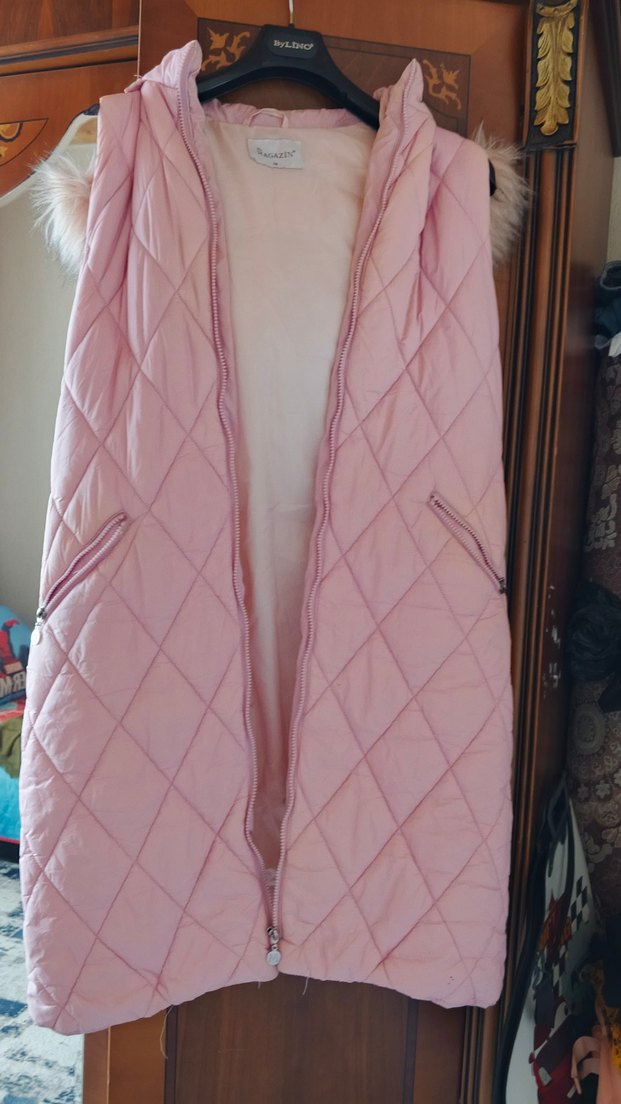 Pembe Uzun Suni Kürklü Kadın Yelek - Görsel 3